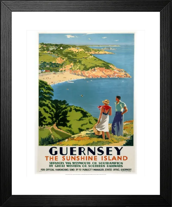 Framed Print : Guernsey Print, a 1938 GWR / SR poster featuring an idyllic seaside scene Framed Print : Guernsey Print, a 1938 GWR / SR poster featuring an idyllic seaside scene
