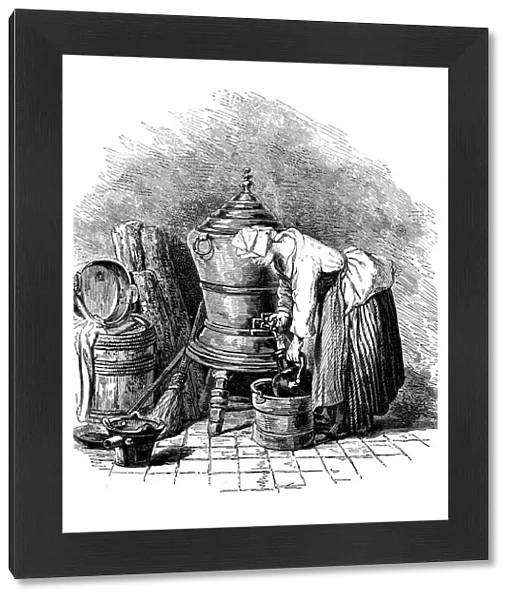 Antique illustration of woman working filling vase