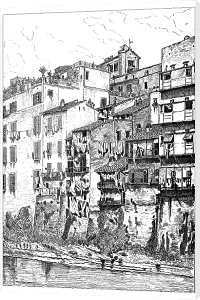 Antique illustration of house on river Tiber in Rome (Italy)