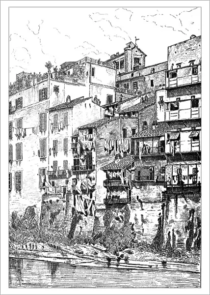 Antique illustration of house on river Tiber in Rome (Italy)
