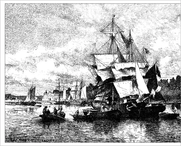 Antique illustration of harbor of Hennebont (Brittany, France)
