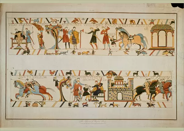 Bayeux Tapestry Scene - messengers inform William the Conqueror future King Harold II has been taken prisoner