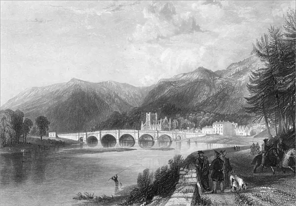 Dunkeld. circa 1800: A view of Dunkeld in Perthshire showing the bridge over the River Tay