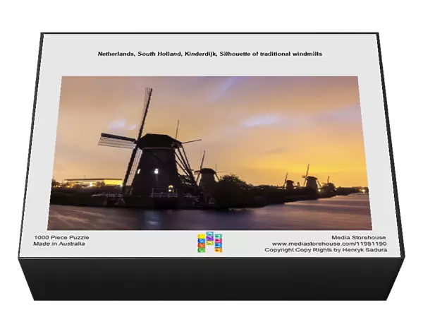 Netherlands, South Holland, Kinderdijk, Silhouette of traditional windmills