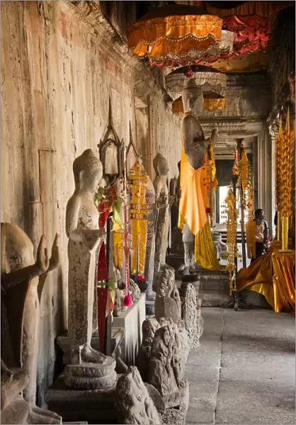 View of altar area inside Buddhist temple, Angkor Wat, Cambodia