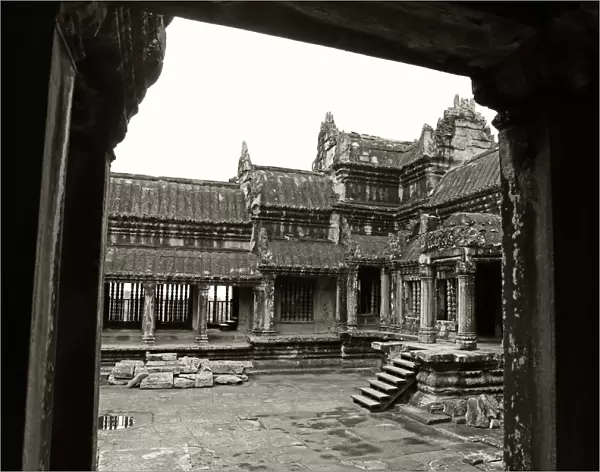 Angkor Wat courtyard on a rainy day