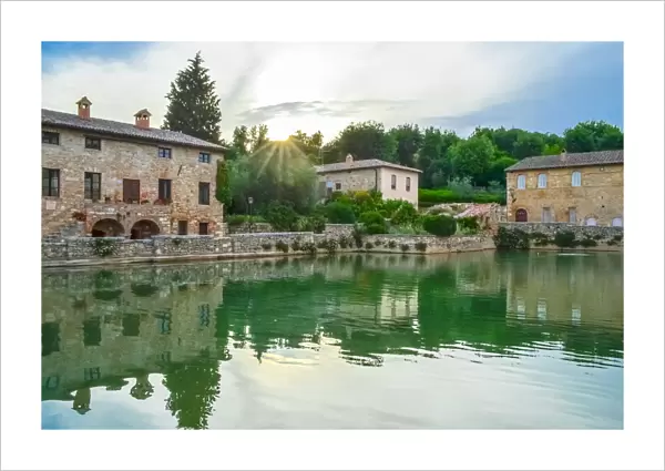 Old town of Bagno Vignoni with thermal pool in old town square, Tuscany, Italy