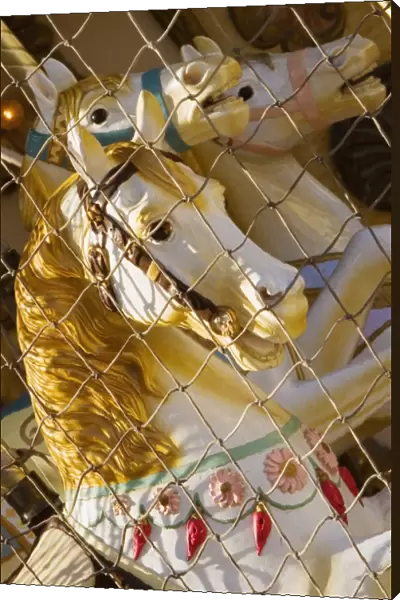 Chain-link fence in front of carousel horses, Bordeaux, Aquitaine, France
