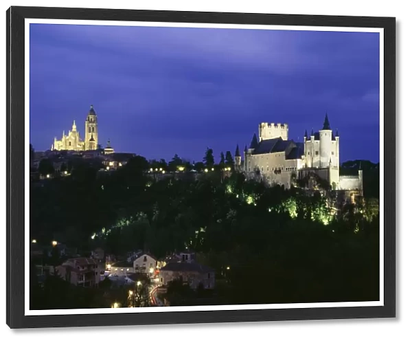 The Alcazar and Segovia Cathedral at night, Segovia, Spain