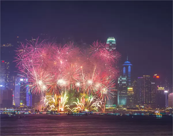 Chinese newyear fireworks at Victoria habour, Hong Kong