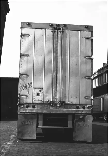 Lorry parked, (rear view), (B&W)