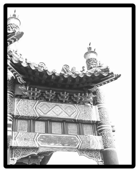 Temple pagoda, (B&W), low angle view