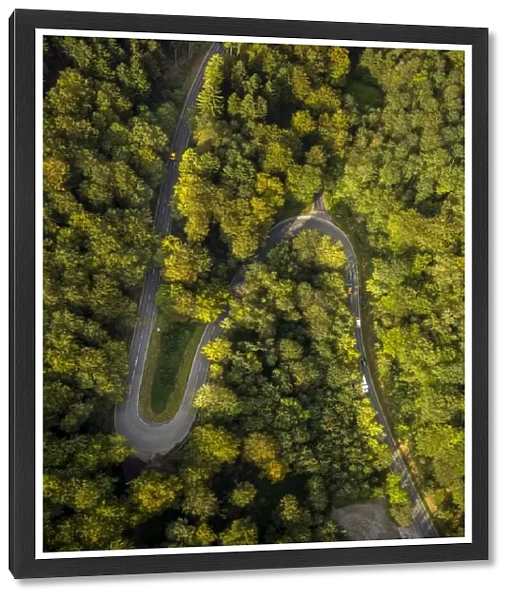 Aerial view, winding road, Bodefelder Strasse, street, L776, Schmallenberg, Sauerland, North Rhine-Westphalia, Germany