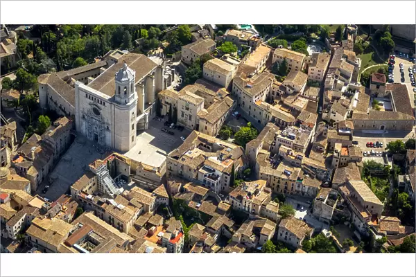 Aerial view, Girona Cathedral, old town, Girona, Catalonia, Spain