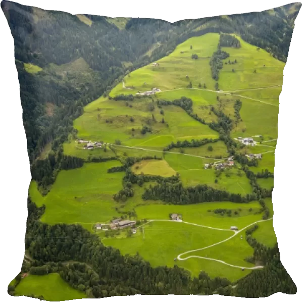 Aerial view, alpine meadows with serpentine roads, Hof, Salzburg, Austria