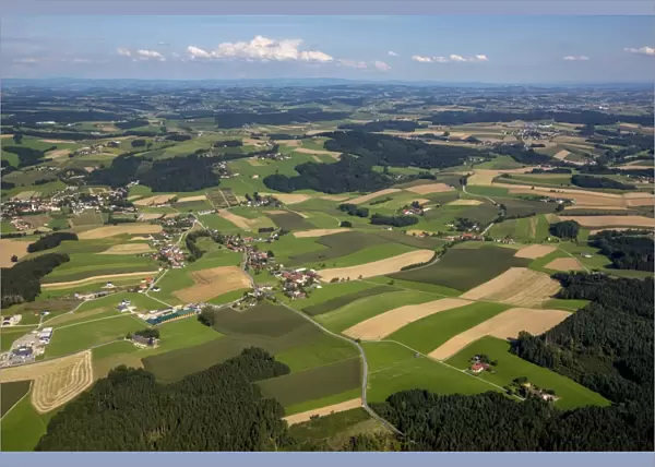 Aerial view, fields and meadows, alpine upland, Andorf, Upper Austria, Austria