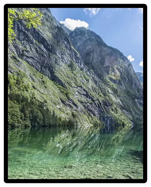 Upper Lake with reflection, Salet am Konigssee, Berchtesgaden National Park, Berchtesgadener Land district, Upper Bavaria, Bavaria, Germany