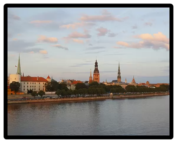 Old town with the banks of the Daugava River, Riga Castle, Riga Cathedral, St. Peters Church, from the Vansu Bridge or Vansu tilts over Daugava, Riga, Latvia