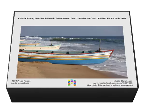 Colorful fishing boats on the beach, Somatheeram Beach, Malabarian Coast, Malabar, Kerala, India, Asia
