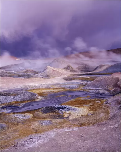 Geyser, sulphurous smoke, clouds, Sol de Manana, Altiplano, Bolivia