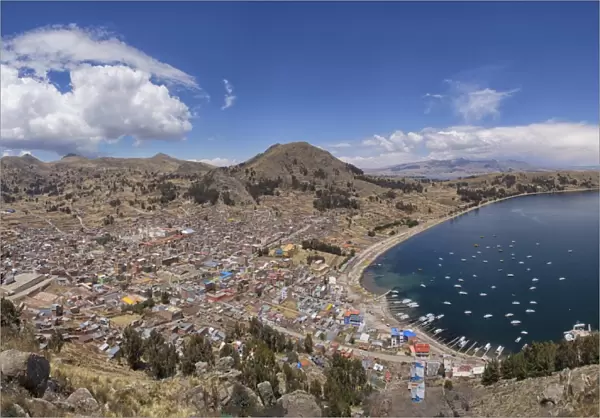 The town of Copacabana with its bay, lake Titicaca, Laz Paz, Bolivia