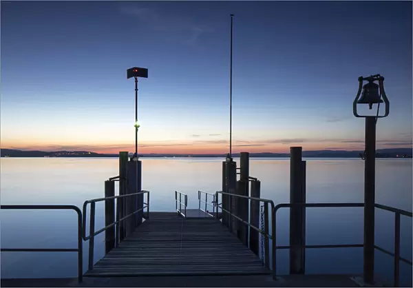 Summer evening mood, boat pier on Lake Constance, Lake Constance, Mannenbach, Canton of Thurgau, Switzerland