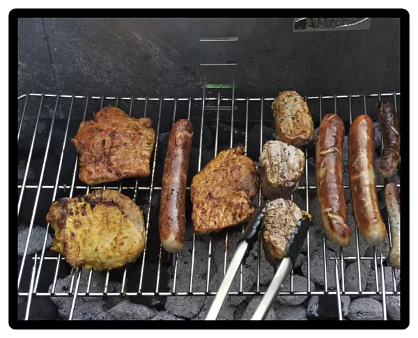Meat and sausages or bratwursts on a grill, Germany