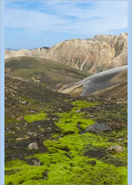 Mountain landscape, colourful rhyolite rock, partly overgrown with green moss, Landmannalaugar, Highlands, Sudurland, Iceland