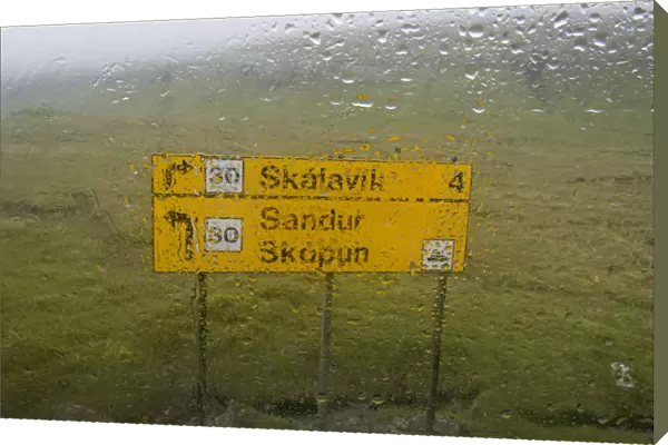 Rain on a windshield, signpost, Sandoy, Faroe Islands, Denmark