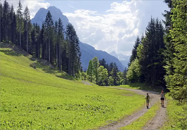 Hikers with view to the Grosser Waxenstein, Hammerbach, Garmisch-Partenkirchen District, Upper Bavaria, Bavaria, Germany
