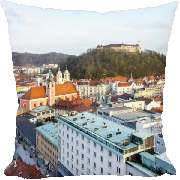 View across the historic centre with the castle hill and the castle, landmarks of Ljubljana, Slovenia