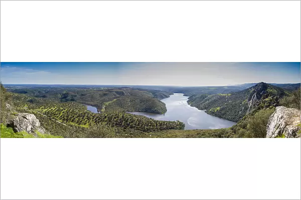 Panorama of the dammed Rio Tajo in Monfraguee National Parks, UNESCO biosphere reserve, Extremadura, Spain