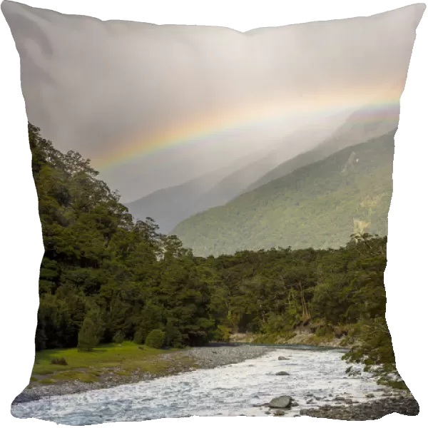 Makarora River with a rainbow, Makarora, Otago Region, New Zealand