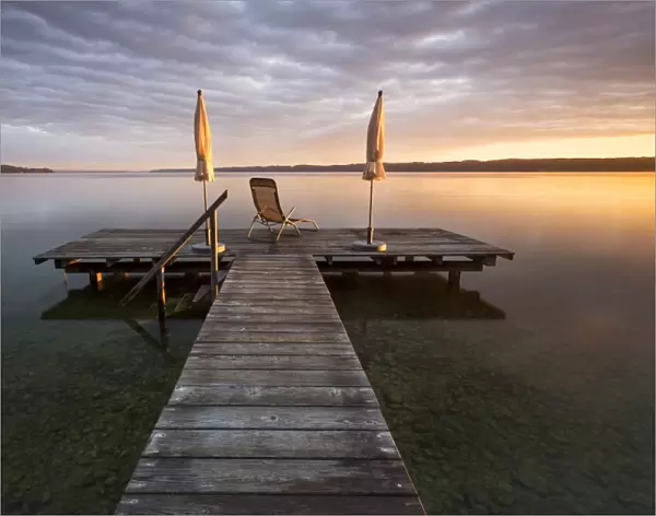 Sunrise, jetty, Lake Starnberg at Seeshaupt, Bavaria, Germany, Europe, PublicGround