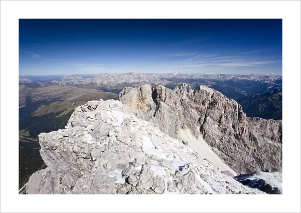 Summit of Cima Vezzena Mountain in the Pala Group, overlooking the Dolomites with the South Face of the Marmolada, Trentino, Italy, Europe