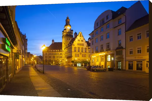 Obermarkt market square with the Town Hall at dusk, Dobeln, Saxony, Germany