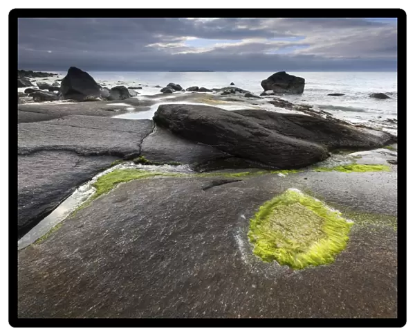 Rocky coast near Utakleiv, Haukland, Vestvagoya, Lofoten, Nordland, Norway