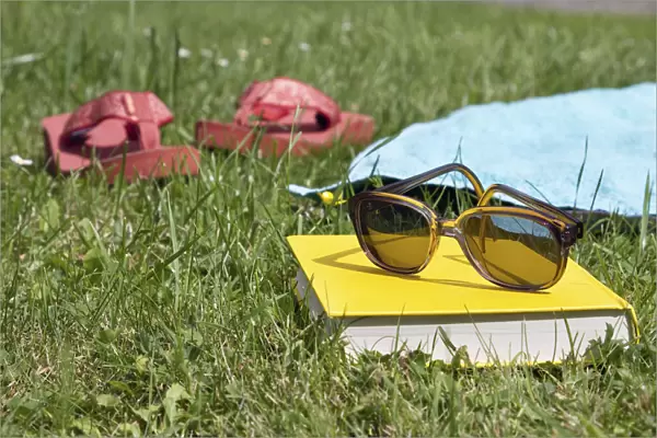 Flip flops, book and sunglasses on grass