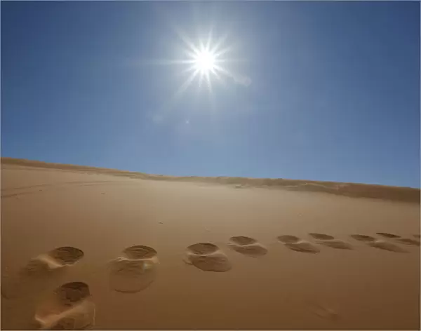 Footprints in the sand and the sun at Coral Pink Sand Dunes State Park, Utah, USA