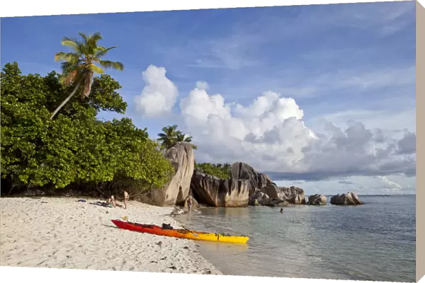 Kayaking at Anse Source d Argent, rock formations, La Digue, Seychelles, Africa, Indian Ocean
