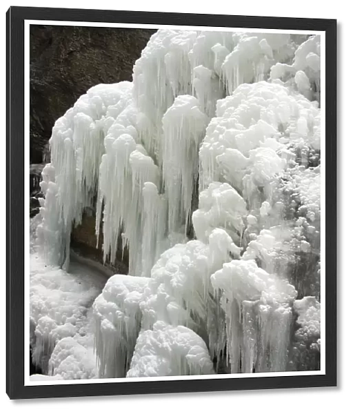 Icy waterfall with huge icicles, Partnach Gorge, near Garmisch-Partenkirchen, Upper Bavaria, Bavaria, Germany