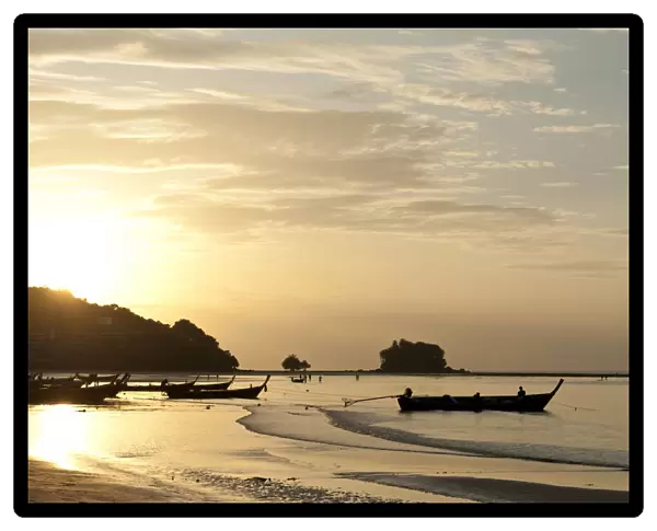 Sunset at the beach, fishing boats in silhouette, Nai Yang Beach, Phuket, Phuket Province, Thailand