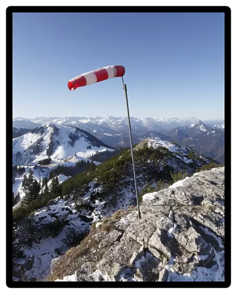 Windsock on the summit of Mt Wallberg, Mt Setzberg, left, Mangfall mountains, Upper Bavaria, Bavaria, Germany, Europe, PublicGround