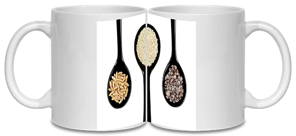 Black japanese style spoons with kamut wheat, quinoa, buckwheat