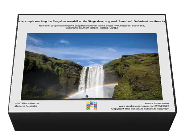 Rainbow, couple watching the Skogafoss waterfall on the Skoga river, ring road, Suourland, Sudurland, southern Iceland, Iceland, Europe