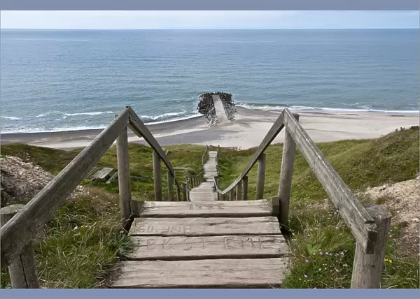 Wooden stairs to the beach on the coast of Bovbjerg, Bovbjerg-Klint, West Jutland, Denmark, Europe
