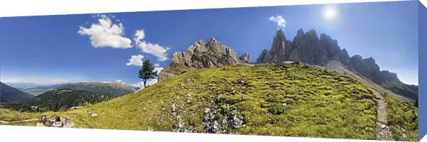 360 panoramic view near Mittagsscharte gorge with the Geisler Mountains and the Villnoesstal valley, Puez-Geisler Nature Park, province of Bolzano-Bozen, Italy, Europe