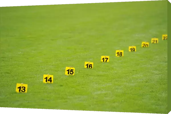 Distance markers for throwing, shot put on grass, stadium