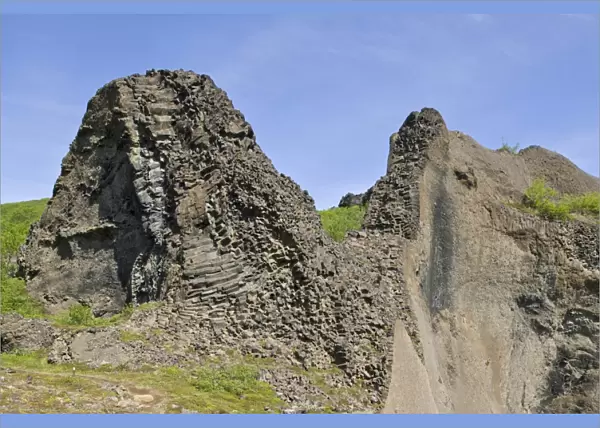 Remnants of volcanic vents made from basalt, Hljooaklettar, Joekulsargljufur National Park, Iceland, Europe
