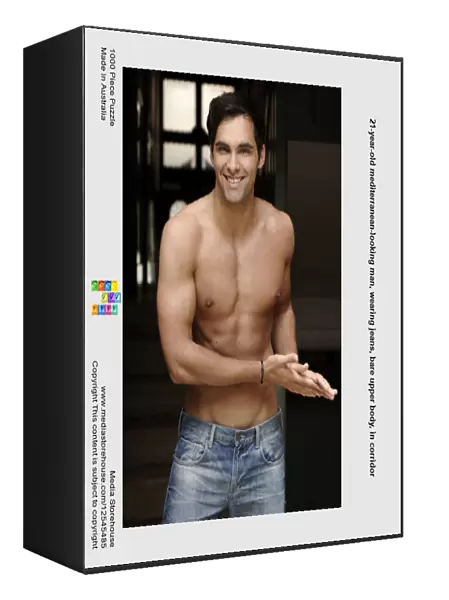 21-year-old mediterranean-looking man, wearing jeans, bare upper body, in corridor